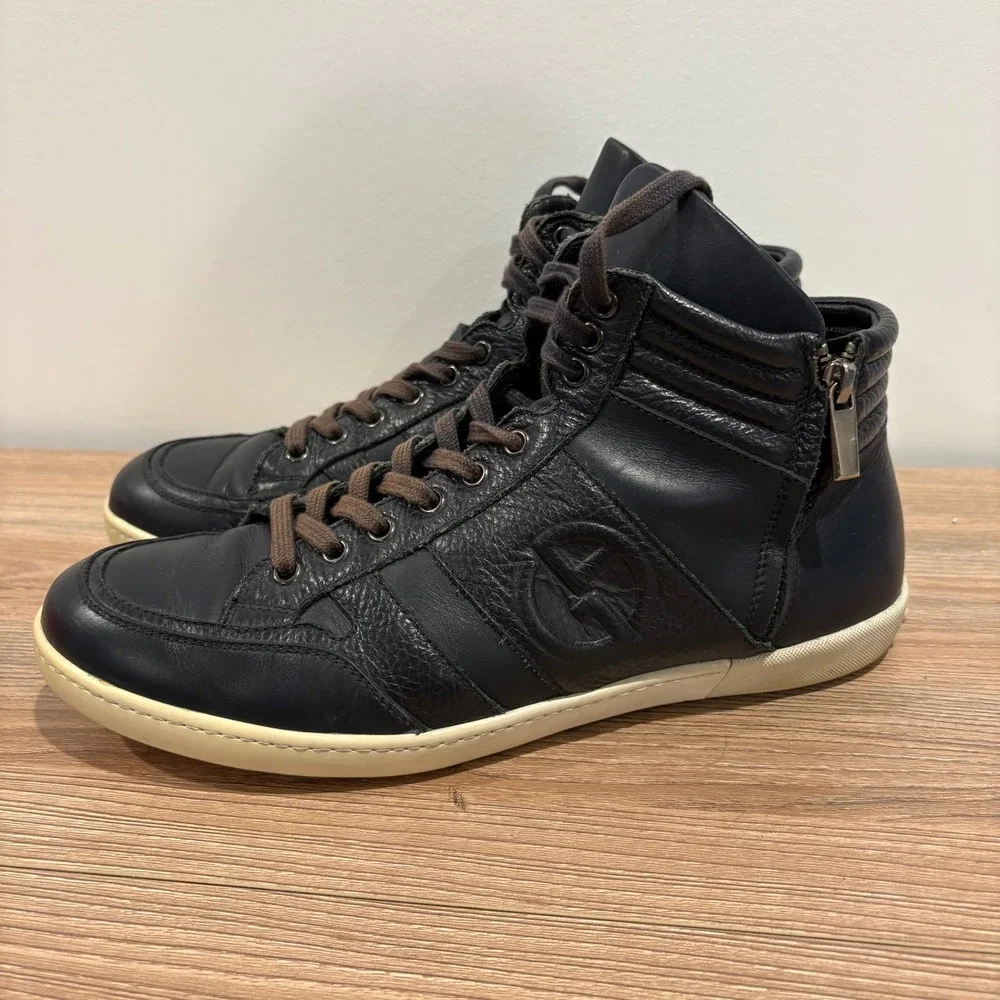 Giorgio Armani Leather High Top Sneakers Mens Navy Blue Size 9.5 Side Zip X2Z005